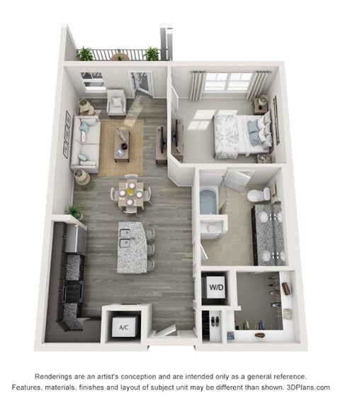 Floor plan for 1 bed, 1 bath, 833 sqft